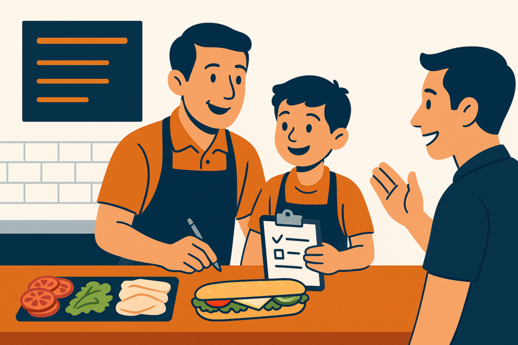 Illustration of two sandwich shop employees wearing aprons, one holding a clipboard and the other preparing a sub, while interacting with a customer.