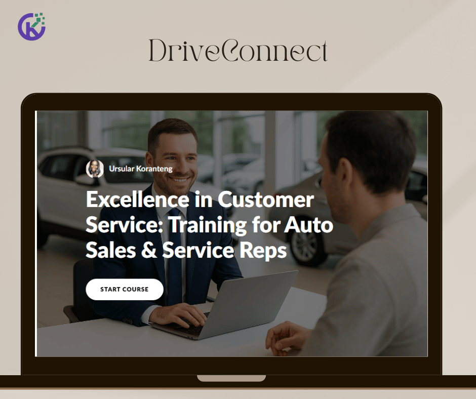 Mockup design featuring a laptop displaying an online course titled 'Excellence in Customer Service: Training for Auto Sales & Service Reps' by Ursular Koranteng. The screen shows a smiling man in a business setting, with a 'Start Course' button. Above the laptop is the DriveConnect brand name and logo on a beige background