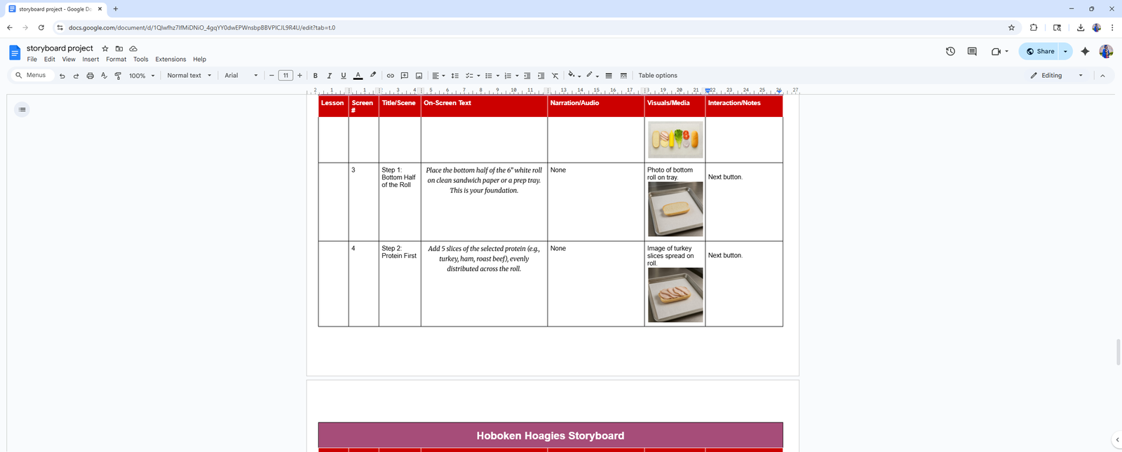 Screenshot of a text-based storyboard for the Hoboken Hoagies training course. The storyboard includes columns for screen title, on-screen text, graphics, and interactivity notes. The example shown outlines the course introduction and sandwich-building steps, detailing what learners will see and how they will interact with the content.
