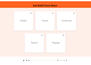 Screenshot of Rise 360 prototype showing flip cards labeled Protein, Cheese, Condiments, Toasted, and Toppings for learners to explore ingredient categories.