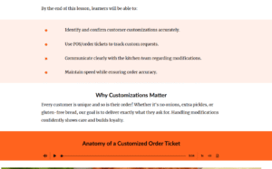 Prototype screen explaining the importance of handling customer customizations such as toasting and allergen requests.