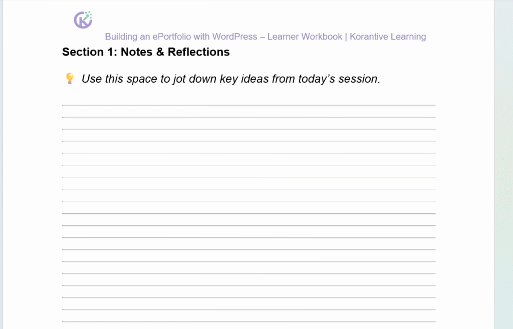 Workbook page titled Notes and Reflections with lined space for jotting down key ideas.