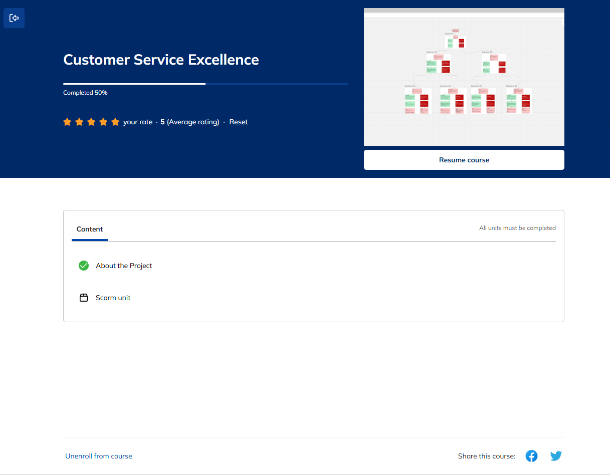 LMS course interface for Customer Service Excellence simulation.