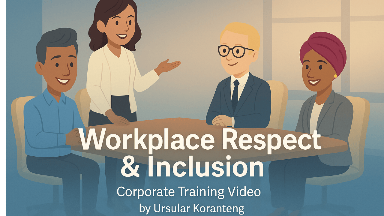 A diverse group of employees sits around a conference table, smiling as a woman leads a discussion. Text reads “Workplace Respect & Inclusion